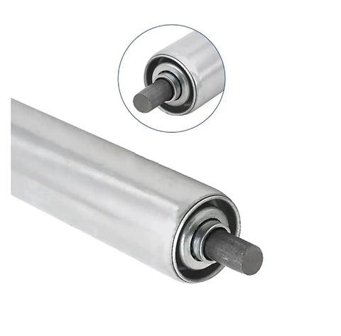 Heavy Duty 1Pc Galvanized Gravity Roller For Industrial Assembly Line Conveyors Suits Manual Material Moving With Rust Resistant Finish and view of bearing detail.