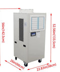 Rugged Portable Industrial Air Conditioner Loaded With A Massive Water Reservoir And Heavy Duty Caster Wheels Commercial Spot Cooler side view with dimensions 56in x 26in x 22.83in.
