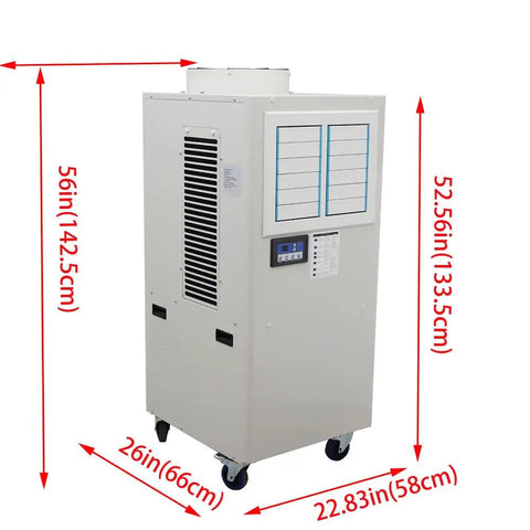 Rugged Portable Industrial Air Conditioner Loaded With A Massive Water Reservoir And Heavy Duty Caster Wheels Commercial Spot Cooler side view with dimensions 56in x 26in x 22.83in.