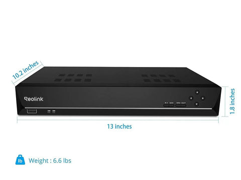 16 Channel PoE NVR For Home Security With Preinstalled 4TB Drive, 24 Seven Recording, front view with dimensions shown