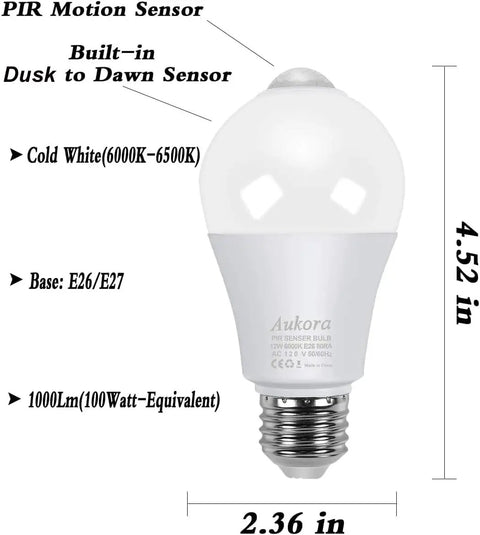 Smart Motion Sensor Light Bulbs 12W 100W Equivalent E26 6500K 1000lm 120V Dusk To Dawn Security Lighting diagram and dimensions