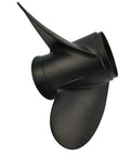 Aluminum Three Blade Propeller For 40 To 140HP BRP Johnson Evinrude OMC Stern Drive With Thru Hub Exhaust And 13 Spline Right Rotation 13 And A Quarter By 17 Inches Durable Easy To Maintain shown in side angle view.