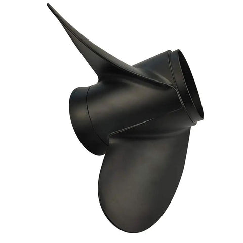 Aluminum Three Blade Propeller For 40 To 140HP BRP Johnson Evinrude OMC Stern Drive With Thru Hub Exhaust And 13 Spline Right Rotation 13 And A Quarter By 17 Inches Durable Easy To Maintain shown in side angle view.