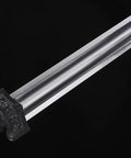Close-up of Hand-Forged Damascus Han Sword With 42-Inch Battle-Ready Chinese Longquan Blade and detailed handle