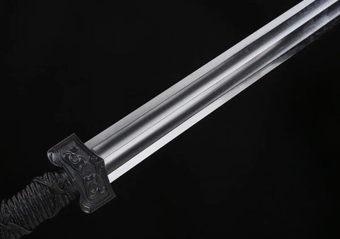 Close-up of Hand-Forged Damascus Han Sword With 42-Inch Battle-Ready Chinese Longquan Blade and detailed handle