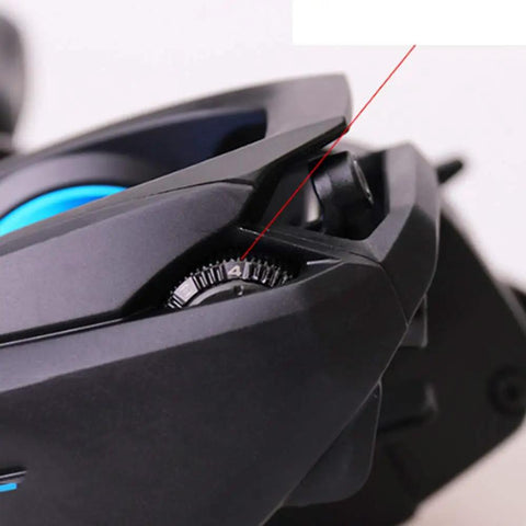 Close-up of Long Distance Casting Fishing Reel With Electronic Braking System Left Handed Handle Freshwater Outdoor Gear for Shore Anglers, showing electronic braking dial.