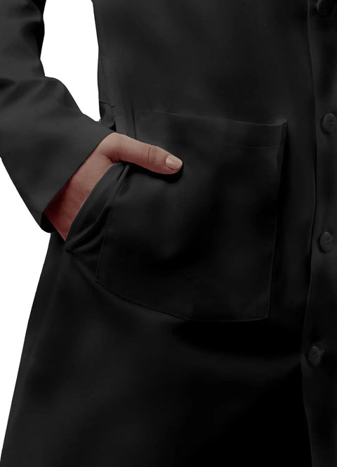 Sturdy Unisex Lab Coat, Classic 39 Inch Length, Pro Grade Medical Gear showing hand in large patch pocket, Black.