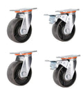 Four Pack Heavy Duty Cast Iron Swivel Casters With Brakes For Tables And Workbenches Built Tough With Slick Glide Action Perfect For Garage Cart And Shop Setup 5.25 Inch Wheels, top view.