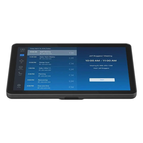 Straight Fire All In One Video Conference Bar Bundle With Tap Ip Panel And Motorized Panning Camera For Seamless Teams And Zoom Meetings Setup With Graphite Finish And 4X Digital Zoom For Optimal Small Room Viewing remote control panel displaying meeting schedule and details.