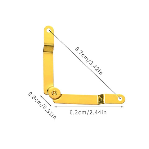 2Pcs Jewelry Box Lid Support Hinges Set Metal Cover Hinges With Folding Positioning Tripod Design showing dimensions in gold finish