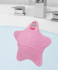Kid Safe Silicone Bathtub Overflow Drain Cover With Five Rock Solid Suction Cups in pale pink starfish shape floating in water.