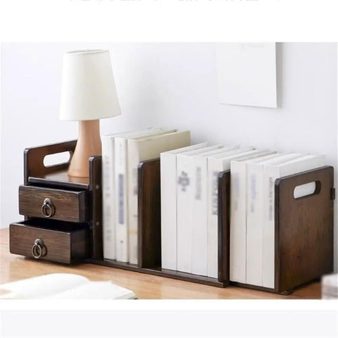 Walnut Color Bamboo Desk Shelf Organizer with Multipurpose Expandable Bookshelf for Home Office Kitchen and Study with Two Drawers