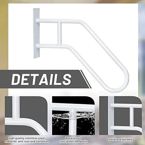 Rock Solid Wall Mount Stair Railing For One To Three Steps With Heavy Duty Grip And All Weather Build, 28.7 inch, white steel, rust-proof design.