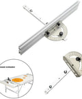 Pro-Grade Router Sled Accessory Kit with angle ruler, guide rail, backer, and track stopper, shown with woodworking table setup.