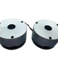 Front view of two round DC motors with metal top plates and black housings for robot arm.