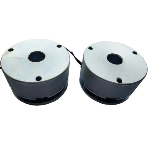 Front view of two round DC motors with metal top plates and black housings for robot arm.