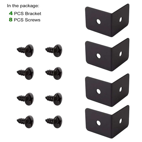 4 Pack Heavy Duty Iron Corner Protectors 2x2x1.5 Inch Black Decorative Corner Brackets and screws for furniture and wood frames.