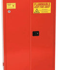 Heavy Duty 60 Gallon Paint And Ink Safety Cabinet With Five Galvanized Steel Shelves And Deep Leakproof Sump Solid Red Finish front view with warning signs