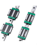 Beefy Linear Rail Kit With Two Rails And Four Sliding Blocks For CNC Routers, 100 To 1000mm Range, Two Block Styles HGH Square And HGW Flanged, Heavy Load CA, Hardened Steel, Low Friction, Smooth And Precise Movement shown
