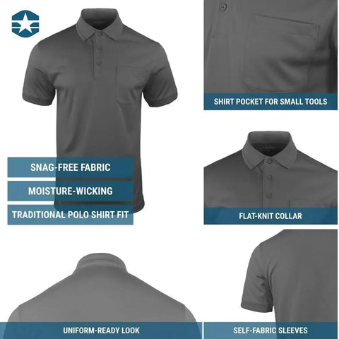Mens Midweight Short Sleeve Polo Shirt With Snag Resistant Chest Pocket Moisture Wicking Polyester Work Gear Rock The Daily Grind Keep Your Cool And Stay Fresh All Day Long, gray color, flat-knit collar, chest pocket detail.