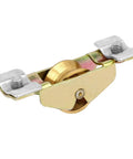 Heavy Duty Brass Slider Roller Pulley Wheel For Window Sash Track Replacement Zero Hassle Setup Four Piece Pack showing brass roller and metal clips.