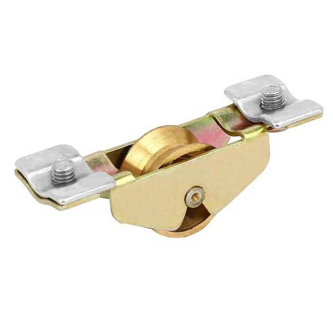 Heavy Duty Brass Slider Roller Pulley Wheel For Window Sash Track Replacement Zero Hassle Setup Four Piece Pack showing brass roller and metal clips.