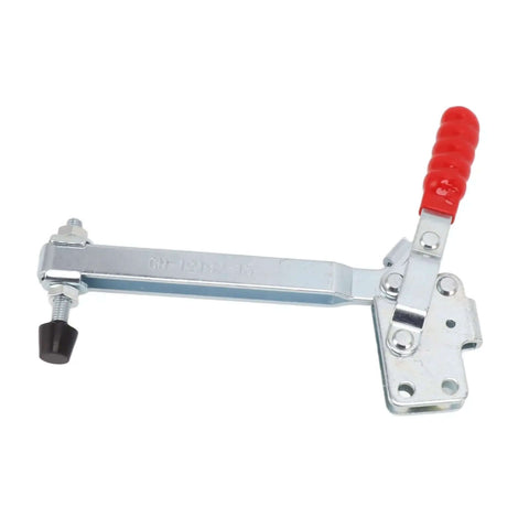 Heavy Duty Toggle Clamp For Woodworking Stainless Steel Lever Clamp With Arrow Storage Case Adjustable Opening And Lengthened Arm 20 By 16.4 By 3 Cm Pro Grade Fixture Holder For Assembly And Repair Tasks, close-up angle
