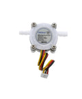 Front view of Quarter Inch Water Flow Sensor Hall Effect Flowmeter For Food Grade Use 0.3 To 6 Liters Per Minute DC Five To Twenty Four Volts