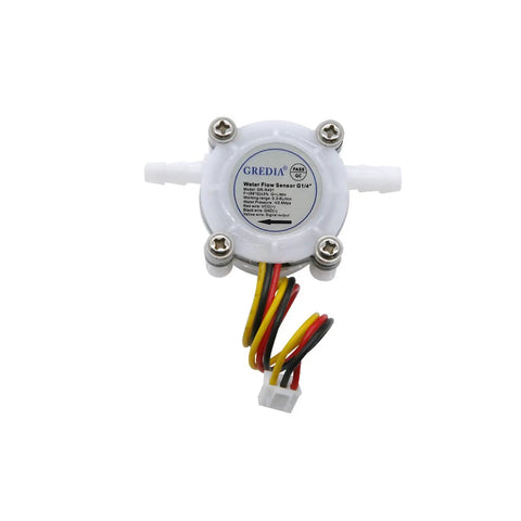 Front view of Quarter Inch Water Flow Sensor Hall Effect Flowmeter For Food Grade Use 0.3 To 6 Liters Per Minute DC Five To Twenty Four Volts