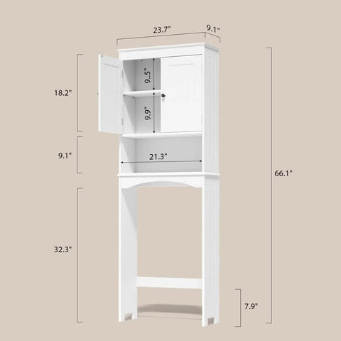 Premium Over The Toilet Storage Cabinet Featuring Adjustable Solid Wood Shelves And Deep Storage Bins For Rolls And Towels In A Sleek White Bathroom Organizer, dimensions labeled.