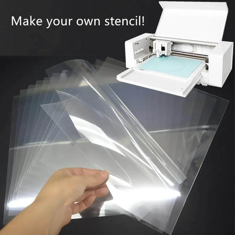 ZHluja 10-pack 12x12-inch clear stencil sheets, 10 mil PET/acetate for laser cutting (front view).