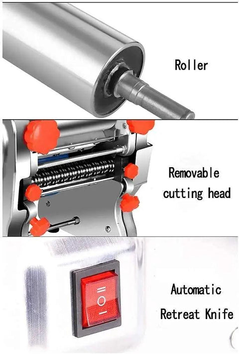 Top Shelf Stainless Steel Electric Noodle Machine parts including roller, removable cutting head, and automatic retreat knife.