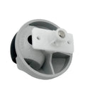 Close-up of grey front omni-directional caster wheel with white mounting bracket for Roborock Q7 series vacuums