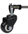M12 polyurethane caster wheel being measured, showcasing heavy duty industrial design for tool chests and carts.