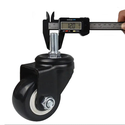 M12 polyurethane caster wheel being measured, showcasing heavy duty industrial design for tool chests and carts.