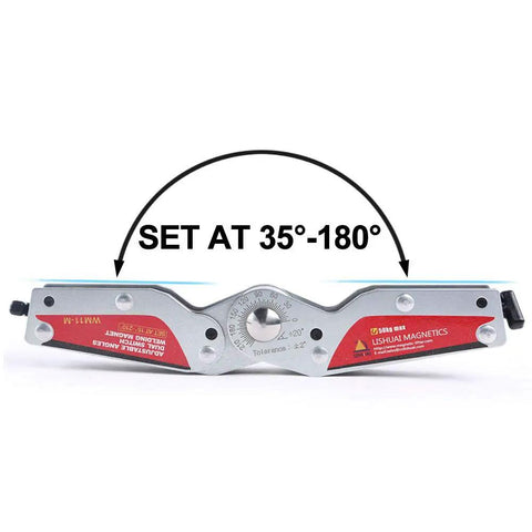 Heavy Duty Adjustable Angling Welding Magnet With Dual On Off Switches And 15 To 210 Degree Scale Lockable WM11 M front view