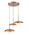 Go-To Three-Light Modern Pendant Lighting With Double Shades And White Glass Globe Inside Brushed Brass UFO Fixture, hanging view