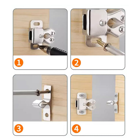 Step-by-step installation of Six Pack Cabinet Latch With Double Roller Catch Hardware For Cupboard Closet Kitchen Cabinet Doors And RV Cabinets Bronze Finish Durable Nylon And Nickel Plated Steel Includes 6 Roller Bases 6 Strikers And 24 Screws
