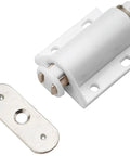 Smooth Shut White Magnetic Touch Latch For Cabinet Doors Hassle Free Install With Complete Hardware Set Included Super Tight Grip Furniture Door Catch with a silver plate.