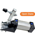 Heavy Duty Pneumatic Hold Down Fixture Built Like A Brick House For Reliable CNC Workholding That Delivers A Rock Solid 750 Pound Grip Each Machine Shift in open state showing detailed pneumatic clamp mechanism.