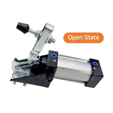 Heavy Duty Pneumatic Hold Down Fixture Built Like A Brick House For Reliable CNC Workholding That Delivers A Rock Solid 750 Pound Grip Each Machine Shift in open state showing detailed pneumatic clamp mechanism.