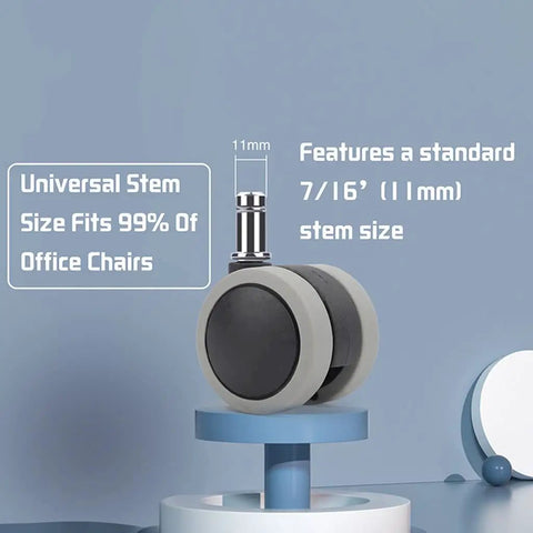 Five Piece Universal Office Chair Roller Set Heavy Duty Dual Wheel Casters showing 7/16' stem size fitting most chairs.