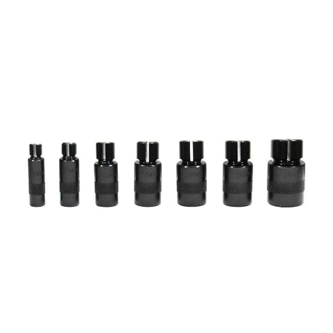 Seven sizes of Universal Motorcycle Wheel Bearing Remover Puller Separator Extractor Tool for 25mm to 10mm bearings, front view.
