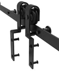 Close-up of 20 Foot Bypass Sliding Barn Door Hardware Kit For Double Doors, Single Track, Flat J Shape Hangers, Quiet Rollers, Carbon Steel