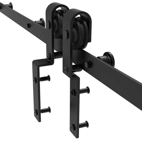 Close-up of 20 Foot Bypass Sliding Barn Door Hardware Kit For Double Doors, Single Track, Flat J Shape Hangers, Quiet Rollers, Carbon Steel