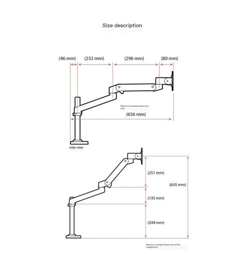 Size diagram of Rock Solid High Pole Desktop Monitor Stand With Heavy Gauge Aluminum Robotic Lifting Arm detailing dimensions.