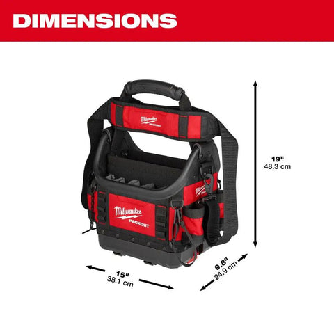Packout 10 Inch Structured Tote For Tools And Gear, Durable Black Tool Organizer With Wide Opening, dimensions labeled