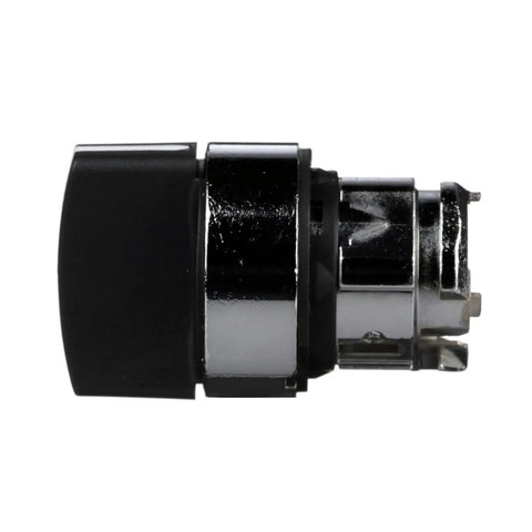 Side view of Harmony XB4 Selector Switch Head with chrome plated metal bezel, ergonomic black handle, for 22mm cutouts in machinery control.