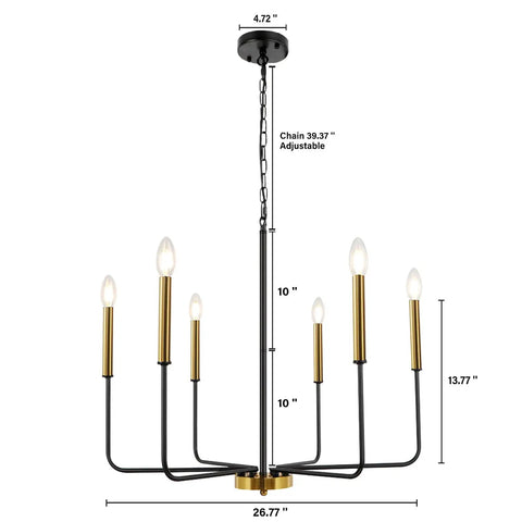 Black And Gold Modern Farmhouse 6 Light Chandelier With Rustic Industrial Metal Design for dining room, adjustable chain shown