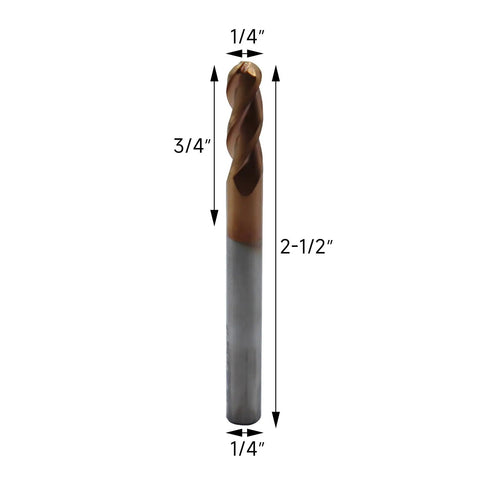 1/4 Inch Ball Nose Solid Carbide End Mill For Aluminum And Non-Ferrous Metals, 37 Degree Helix, 3 Flute, ZRN Coated Milling Bit